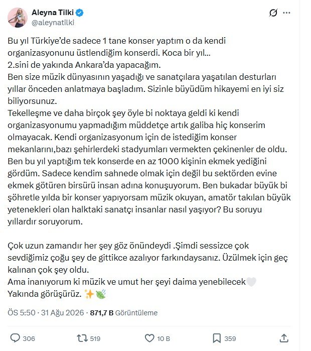 Aleyna Tilki’den konser açıklaması: Ankara öncesi tekelleşme tepkisi