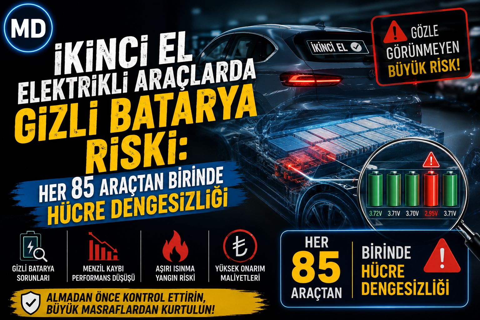 İkinci el elektrikli araçlarda gizli batarya riski: Her 85 araçtan birinde hücre dengesizliği