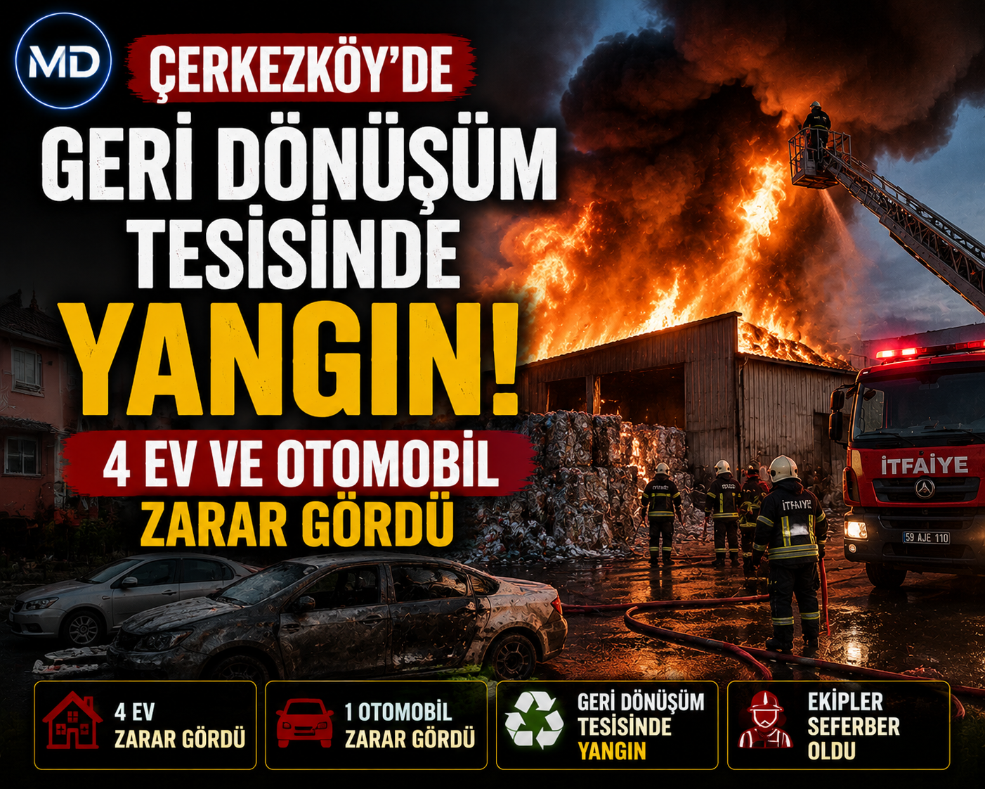 Çerkezköy’de geri dönüşüm tesisinde yangın: 4 ev ve otomobil zarar gördü