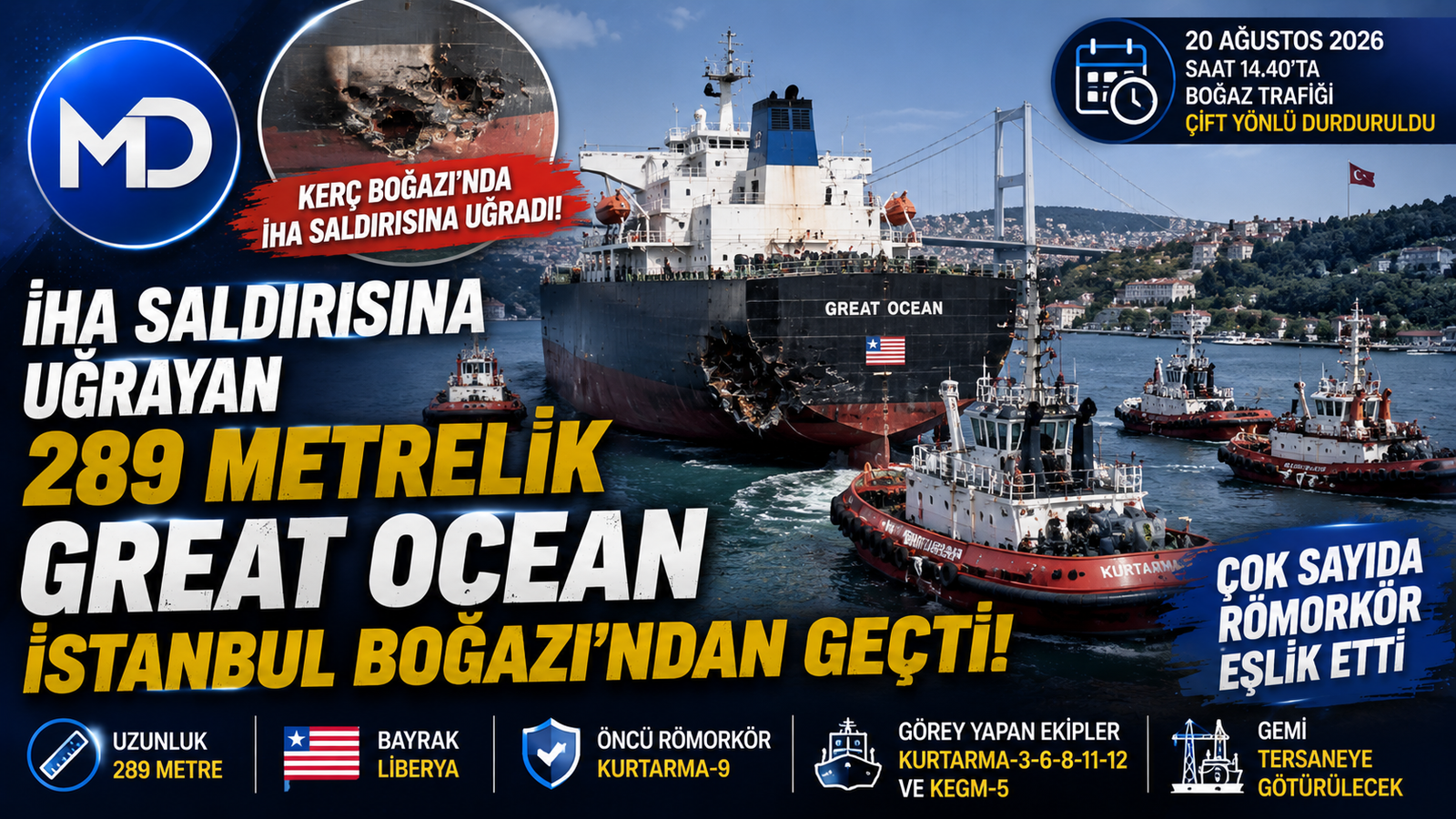 İHA saldırısına uğrayan 289 metrelik GREAT OCEAN, İstanbul Boğazı’ndan geçti