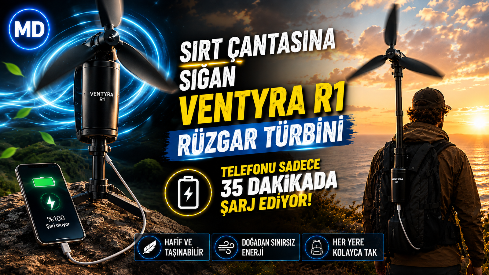 Sırt çantasına sığan Ventyra R1 rüzgar türbini telefonu 35 dakikada şarj ediyor
