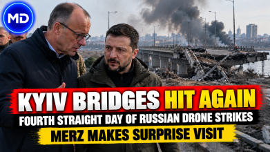 Russian Drones Hit Kyiv Bridges for Fourth Day as German Chancellor Makes Surprise Visit
